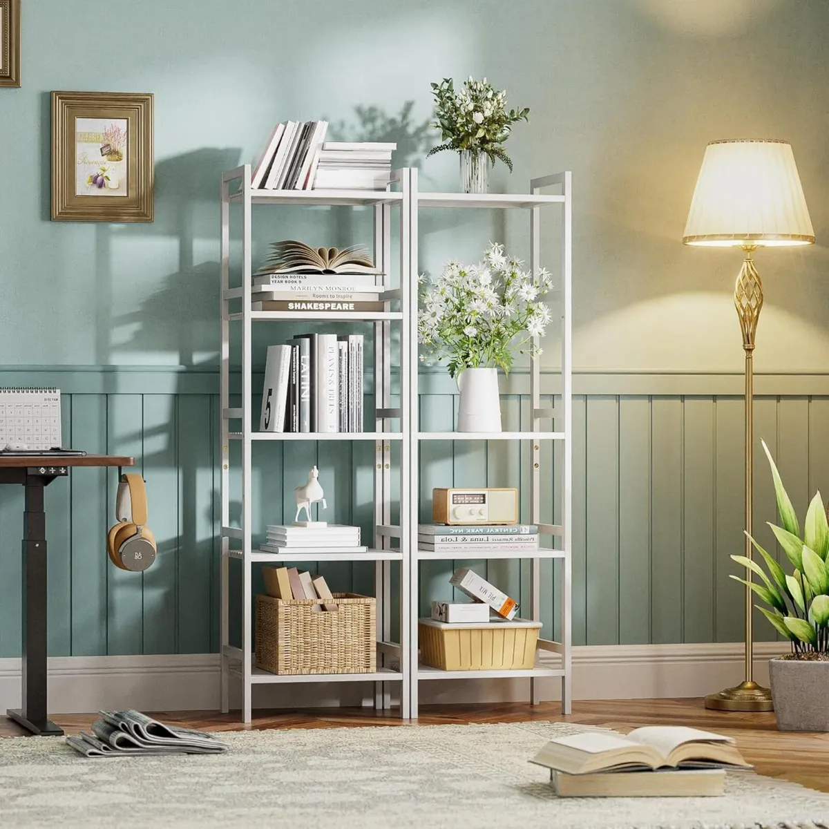 White Bamboo Bookshelf Tall Narrow Bookcase - Image 2