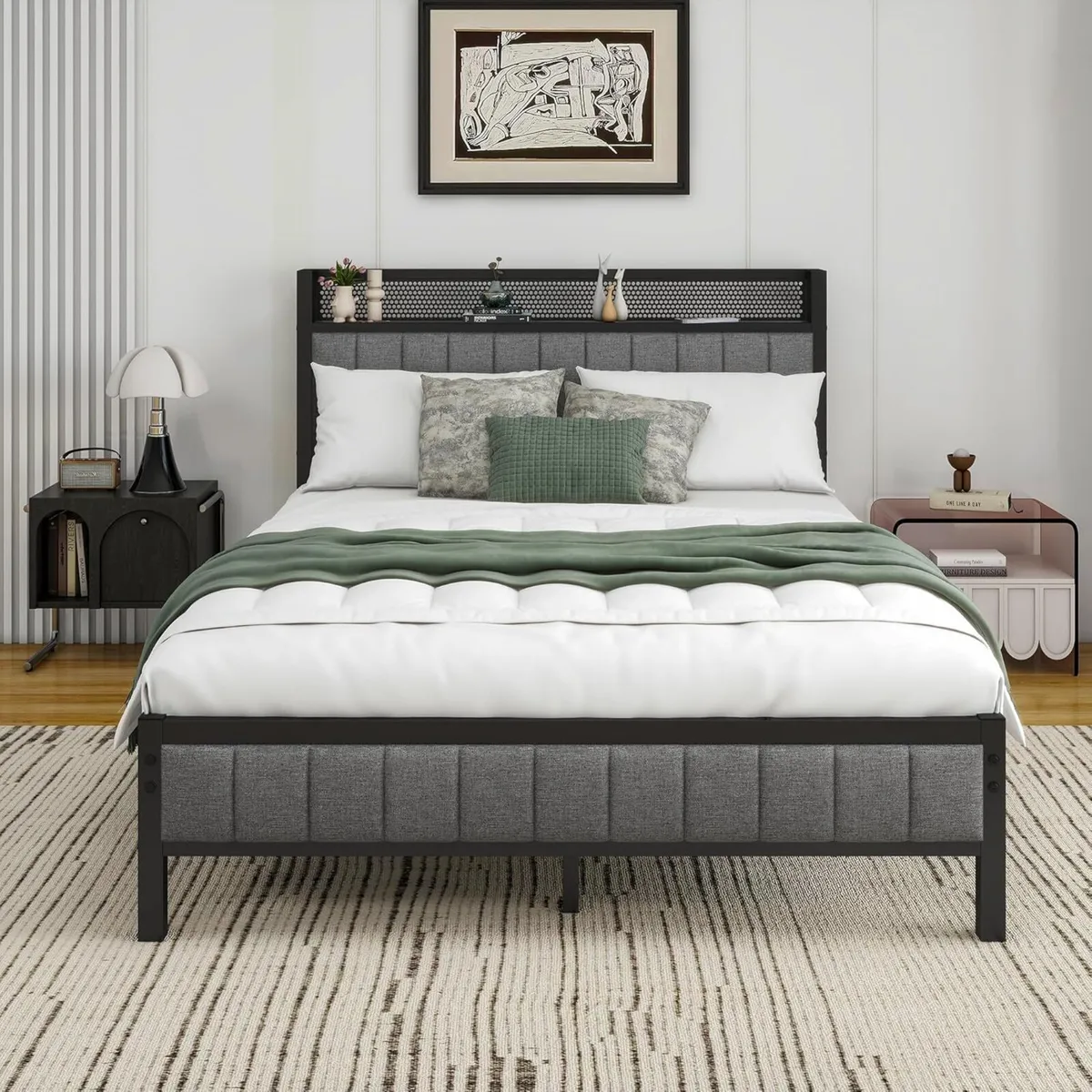Double Bed Frame With Storage Headboard Upholstere - Image 1
