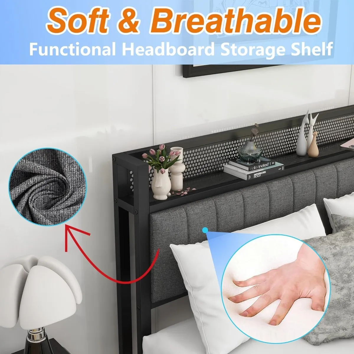 Double Bed Frame With Storage Headboard Upholstere - Image 4