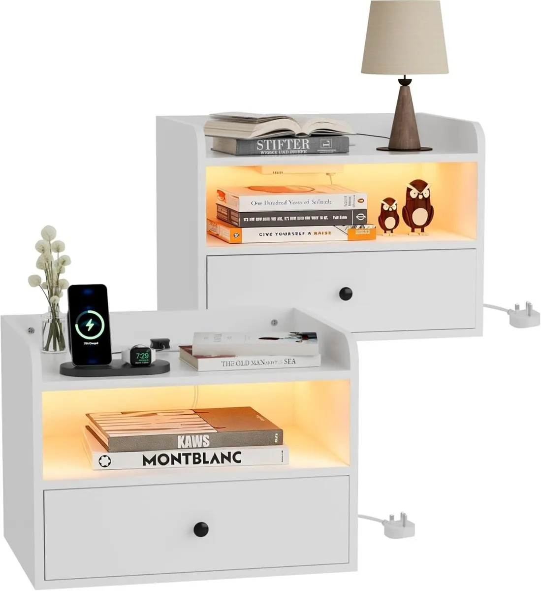 Bedside Table Set of 2 with LED and Charging - Image 1
