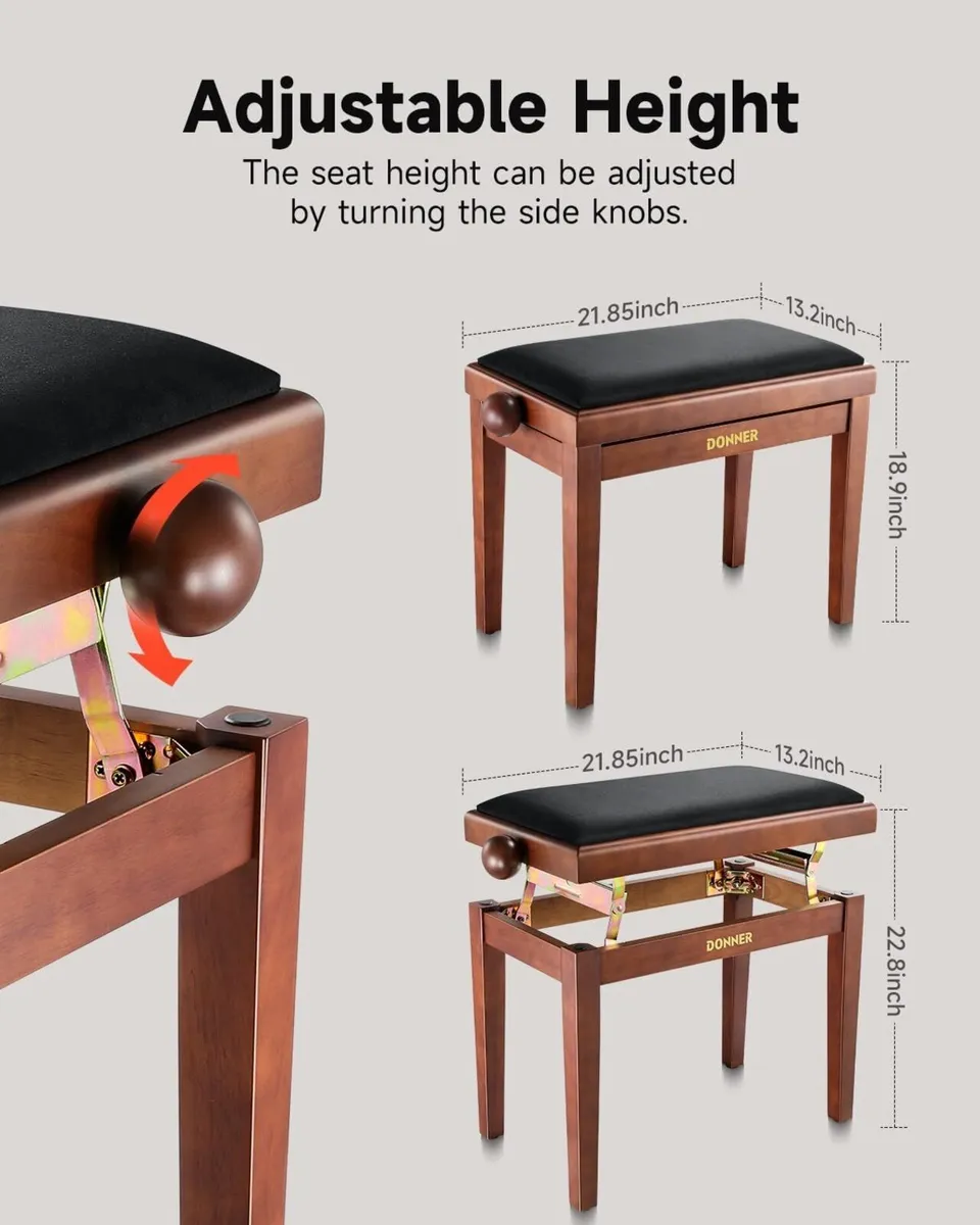 Adjustable Piano Stool Solid Wood Bench Keyboard - Image 2