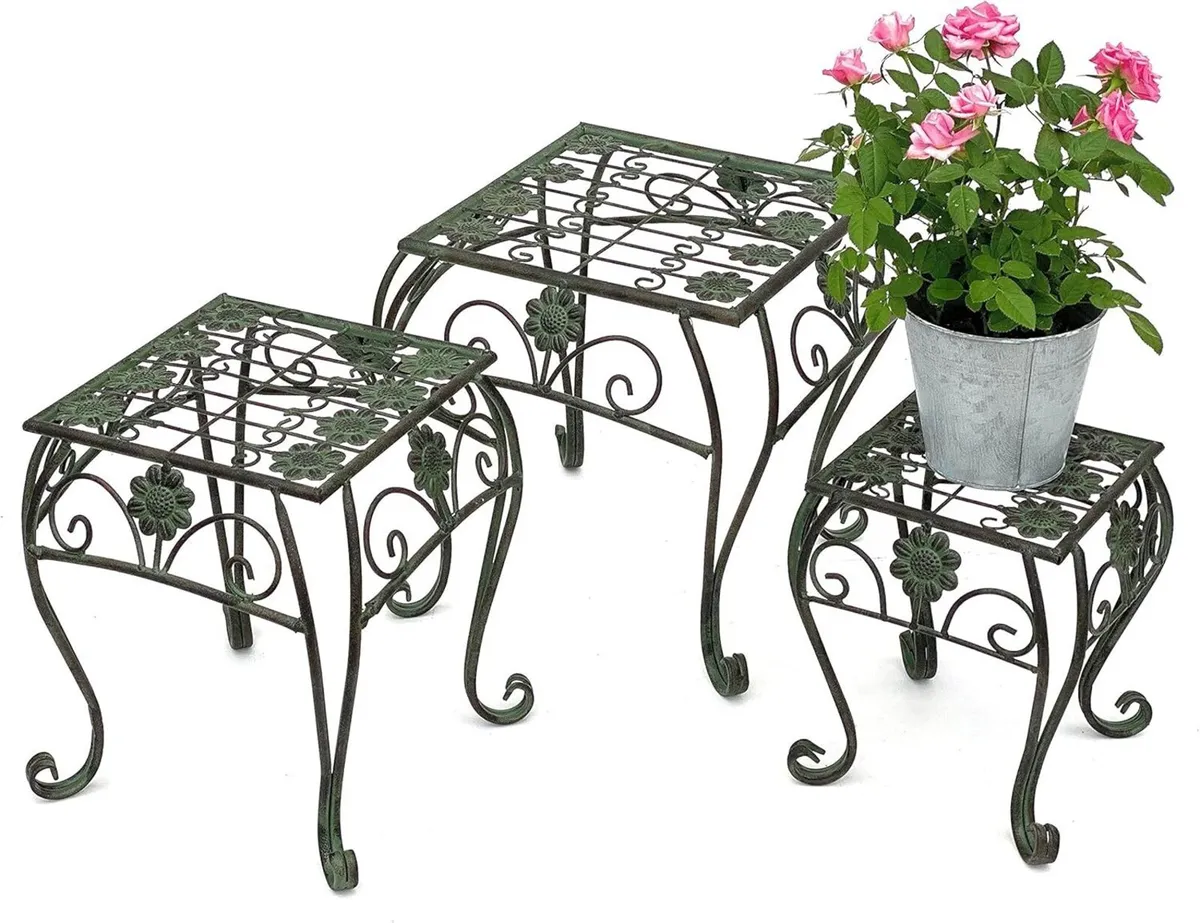Flower Stools Metal Green Square Set of 3 Stands - Image 1