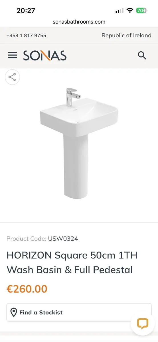 Sonas 50cm Sink Pedestal and Tap with waste - Image 1