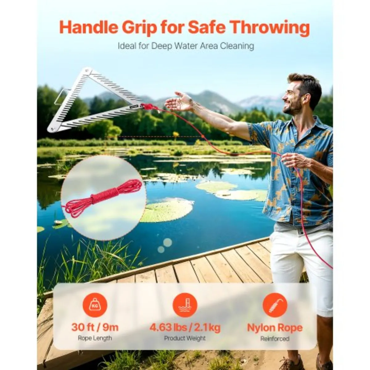 24in Aquatic Weed Rake, 3-Sided Lake Weed Rake wit - Image 2