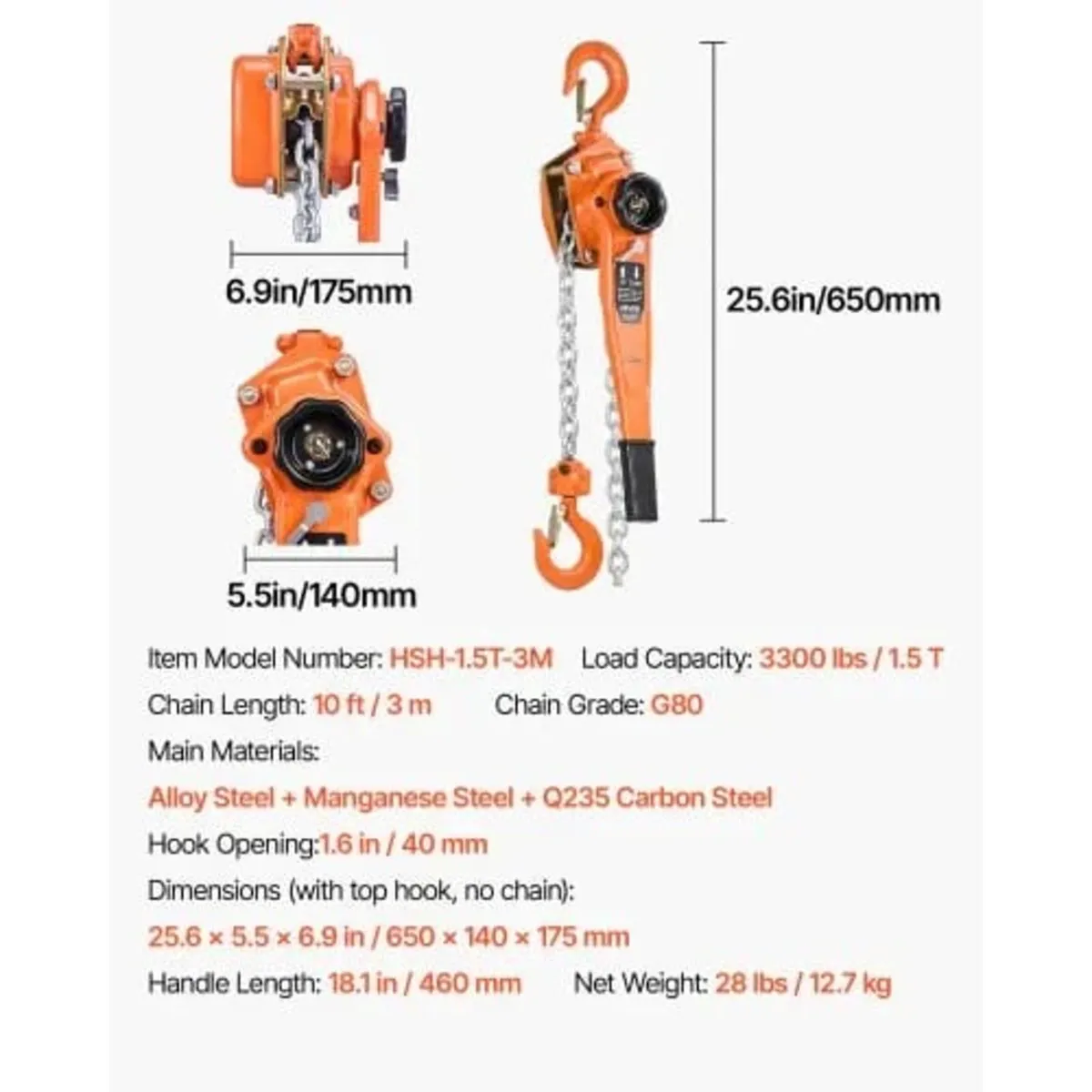 Manual Lever Chain Hoist, 1-1/2T 1500KG Capacity H - Image 3