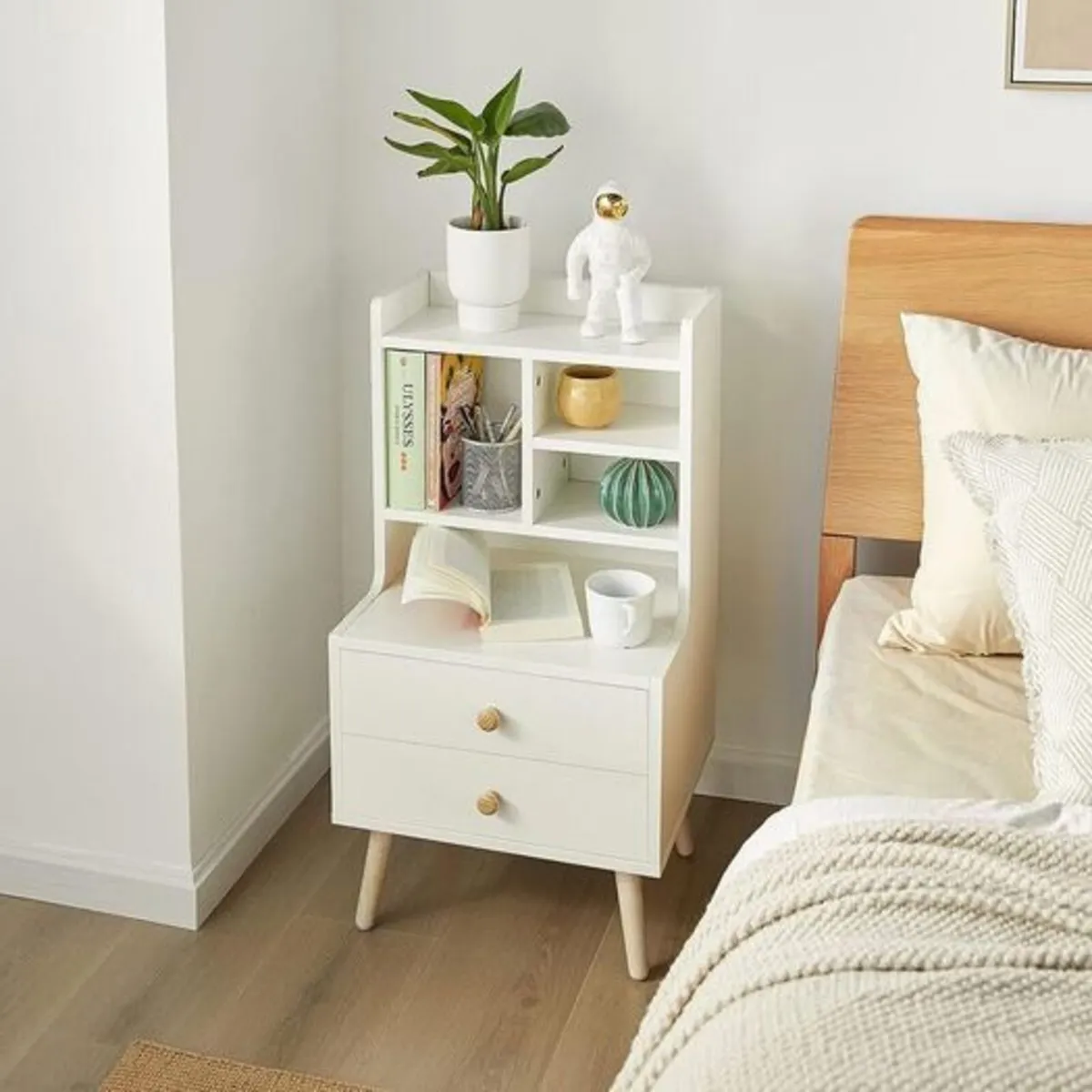 Bedside Table Elegant End Table White Storage Shel - Image 4
