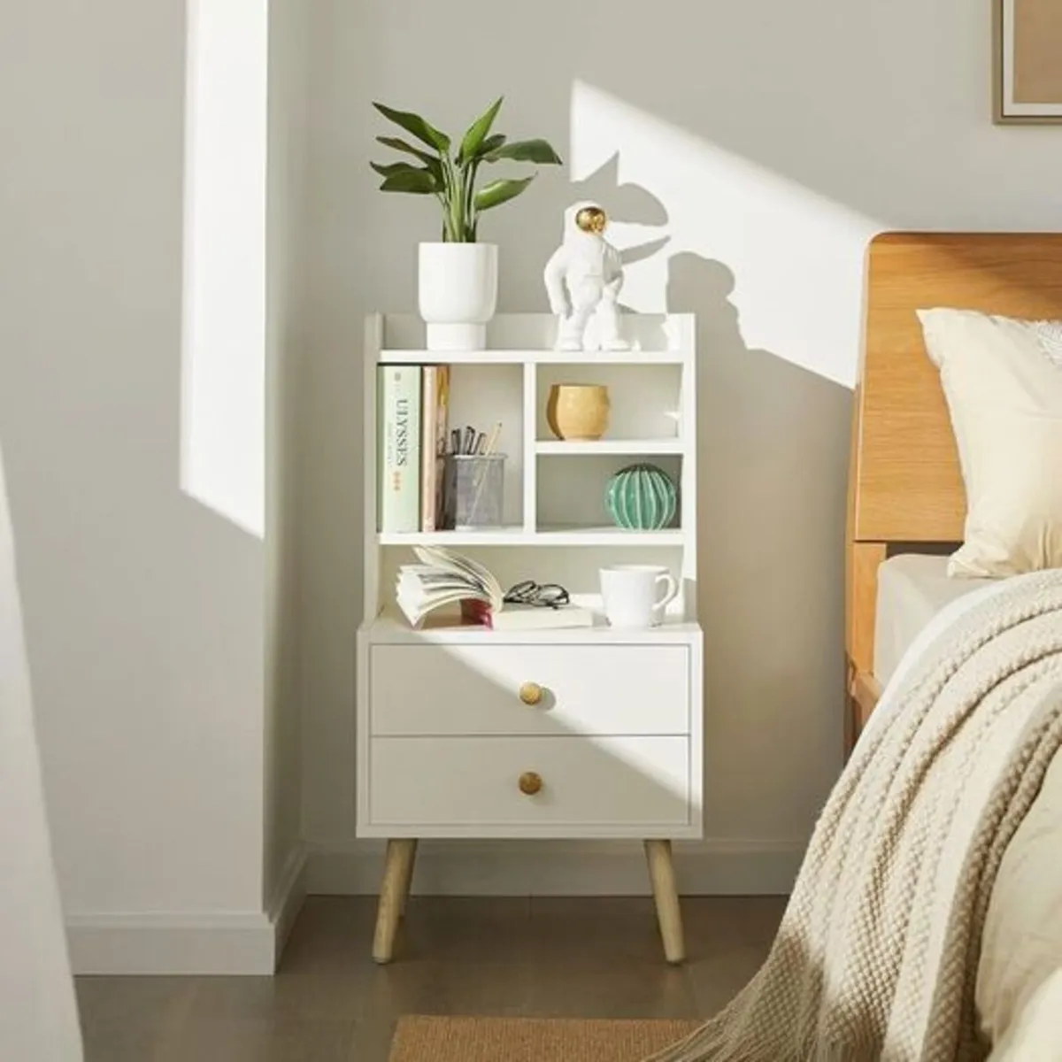 Bedside Table Elegant End Table White Storage Shel - Image 1