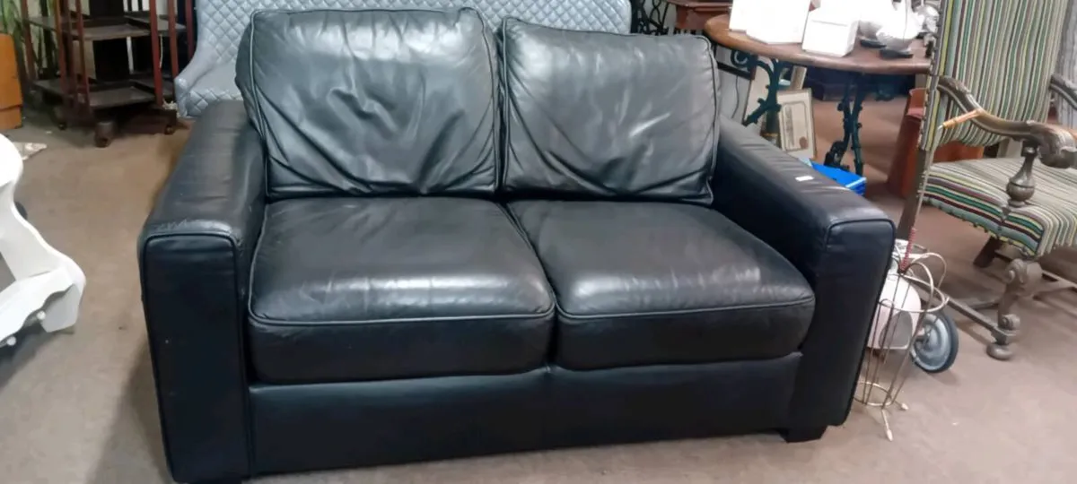 Black Real Leather Two Seat Sofa
