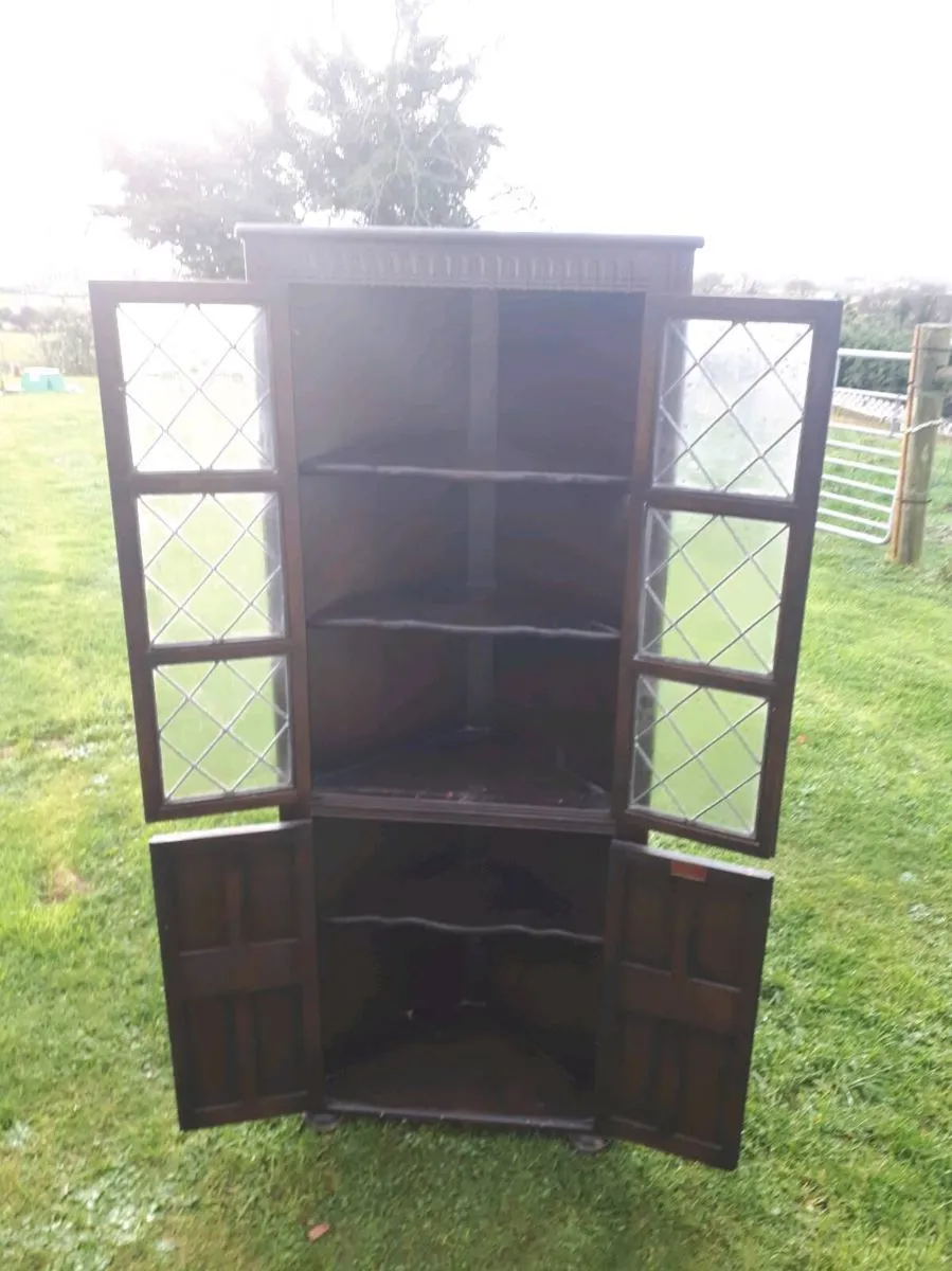 Antique Leaded Glass 4 Door Corner Cabinet - Image 2