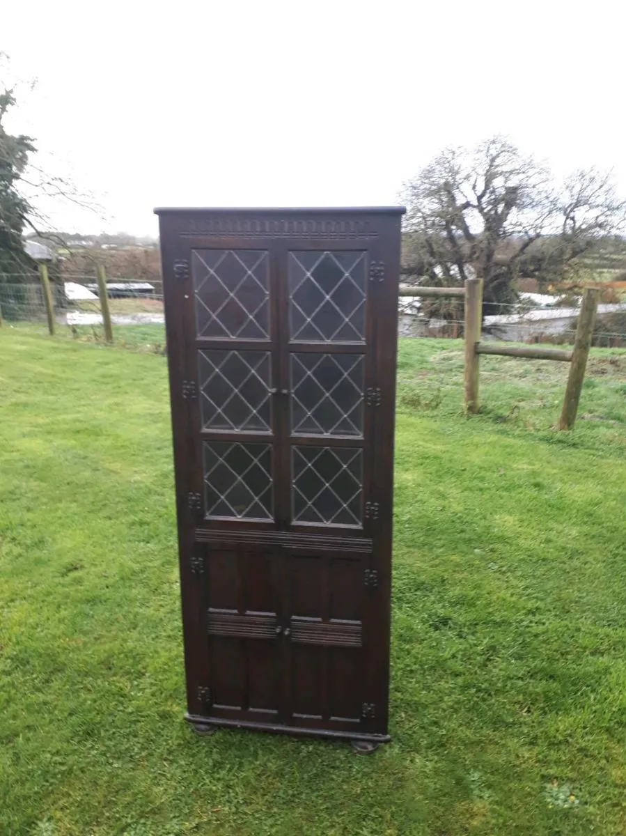Antique Leaded Glass 4 Door Corner Cabinet - Image 3
