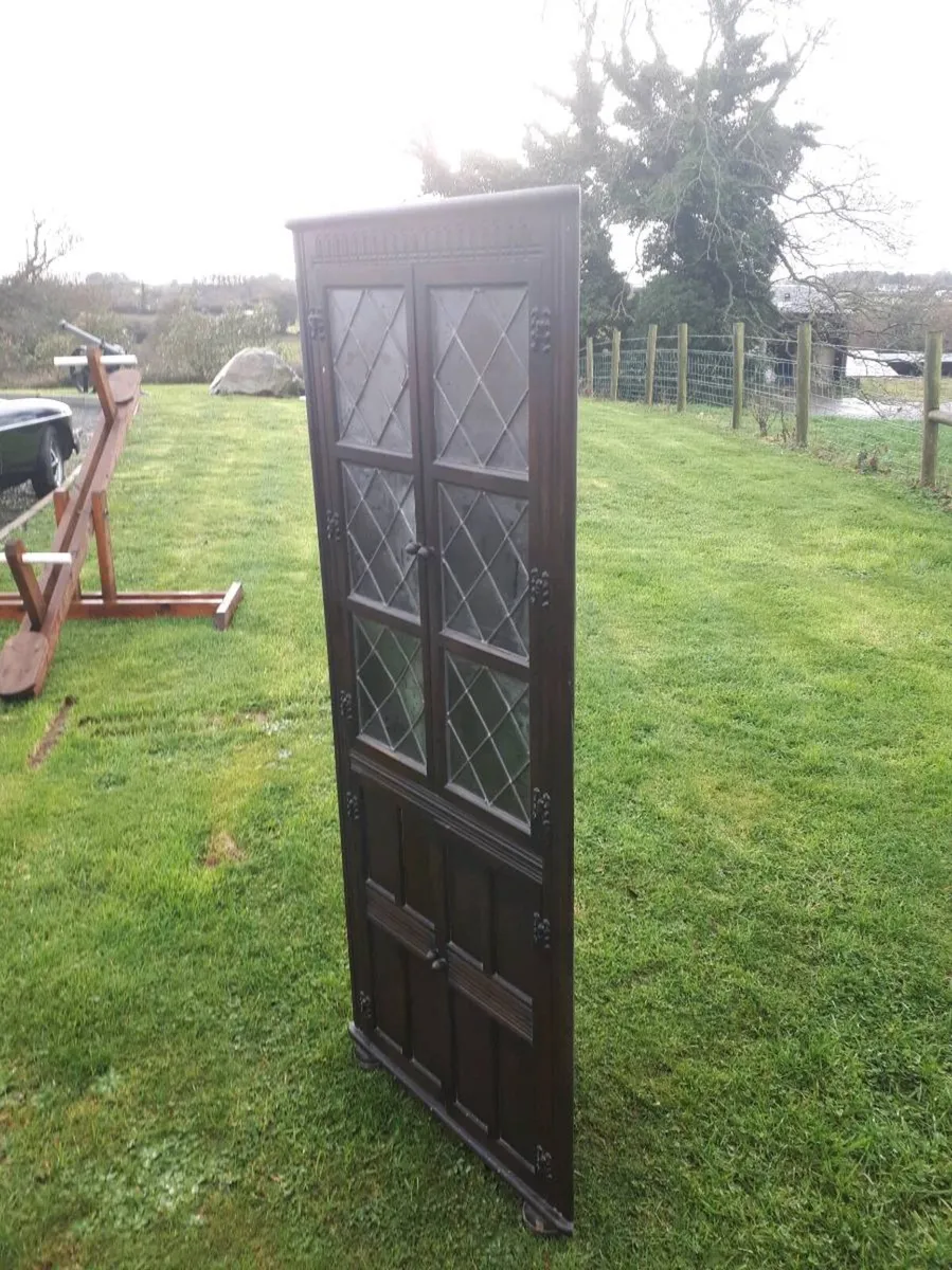 Antique Leaded Glass 4 Door Corner Cabinet - Image 4