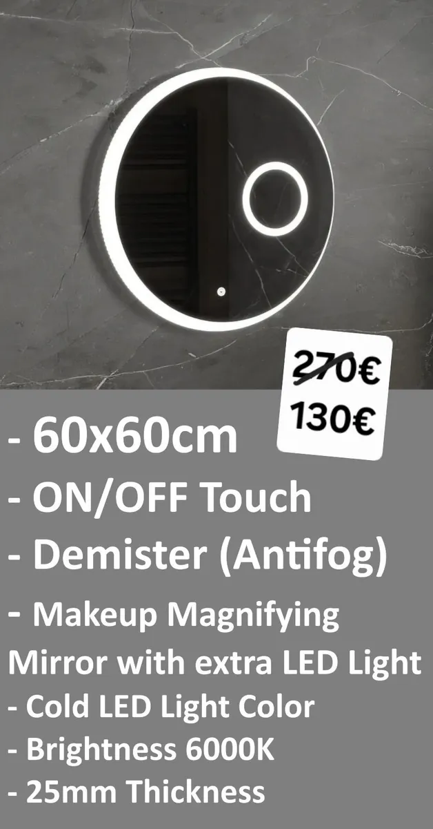 LED Bathroom Mirror Round Makeup Antifog 60cm - Image 2