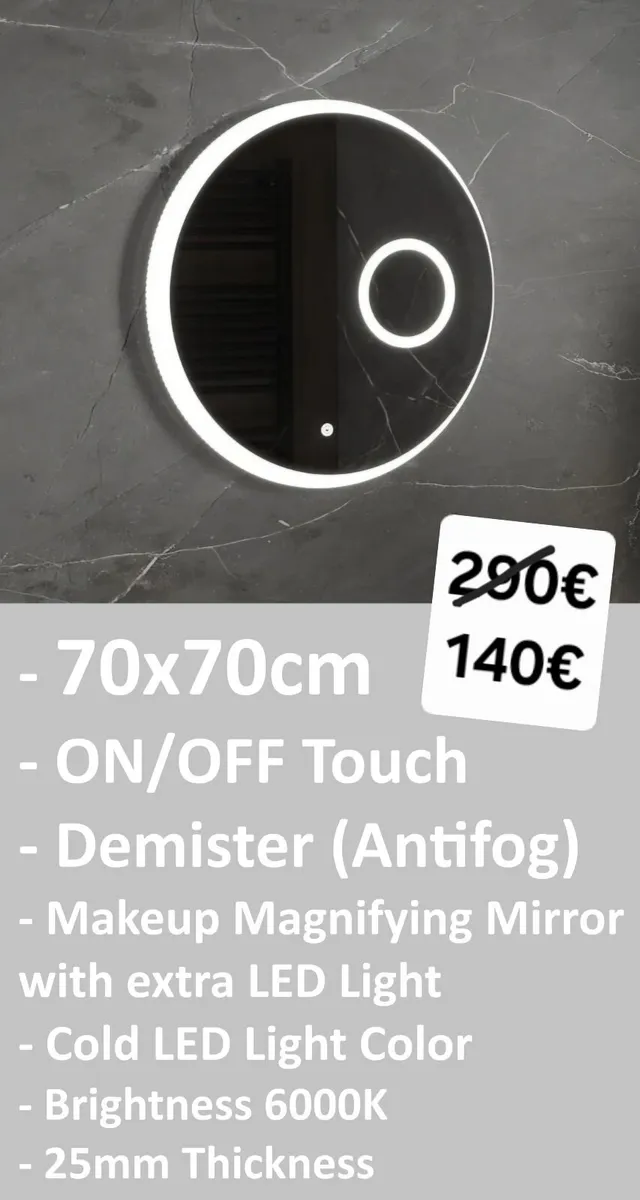 LED Bathroom Mirror Antifog 70cm Demister Makeup - Image 1