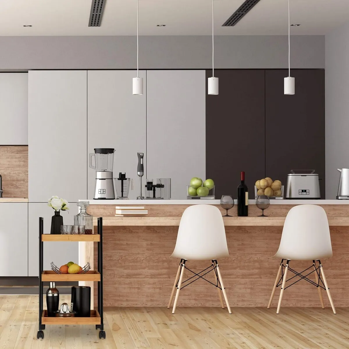 Serving Trolley Modern Kitchen Cart Bamboo Iron 3 - Image 2