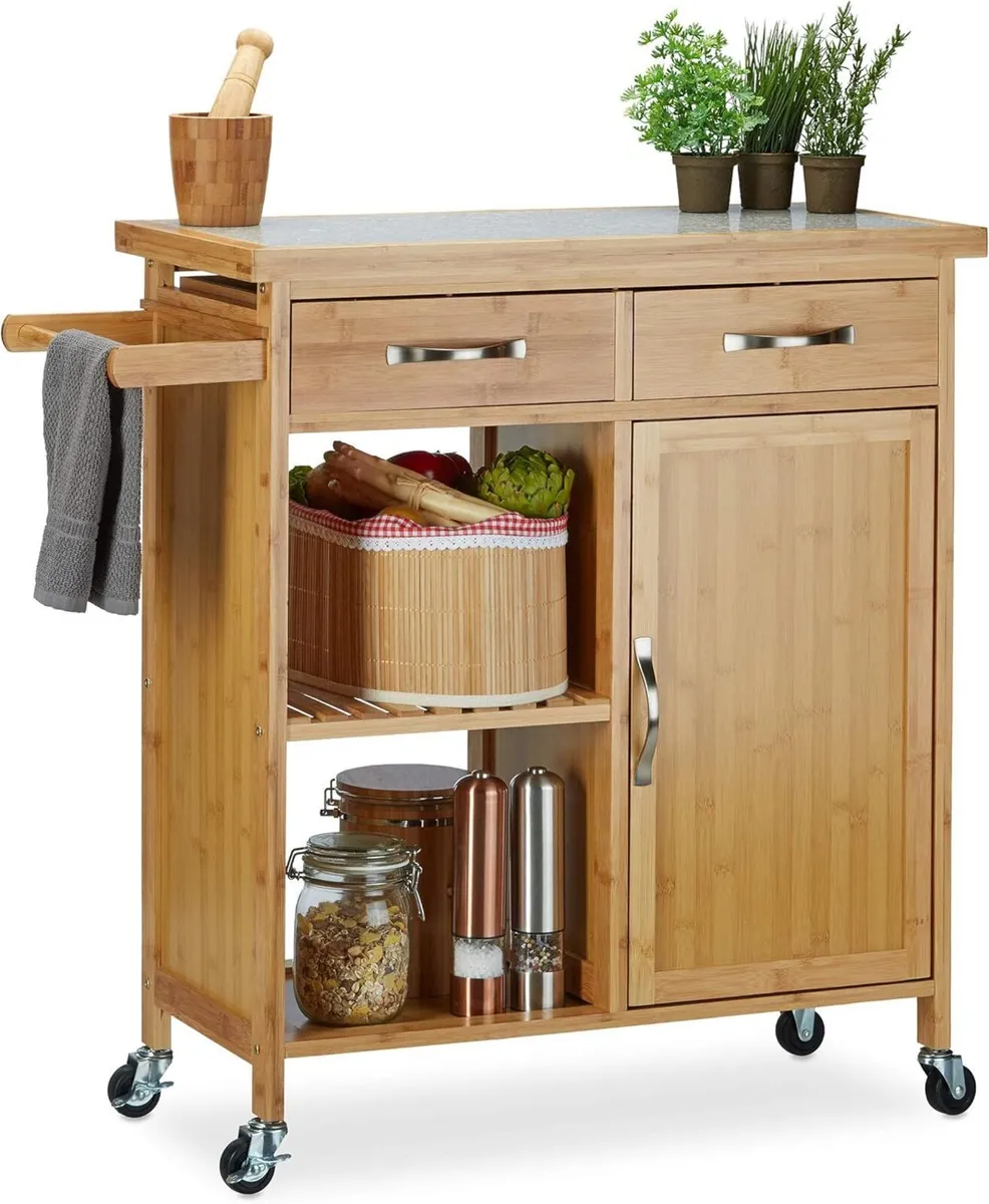 Wooden Kitchen Cart Bamboo 4 Wheels Marble - Image 1