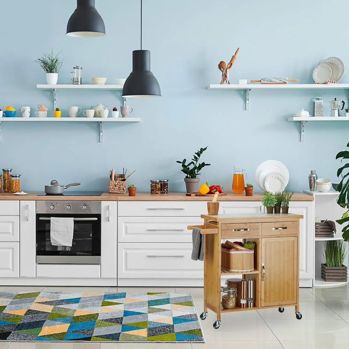 Wooden Kitchen Cart Bamboo 4 Wheels Marble - Image 2