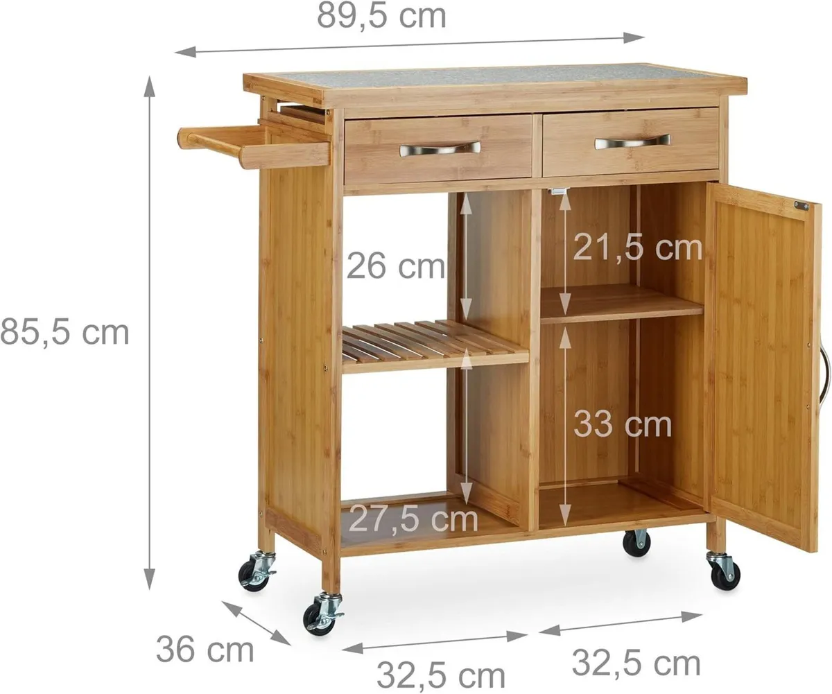 Wooden Kitchen Cart Bamboo 4 Wheels Marble - Image 3