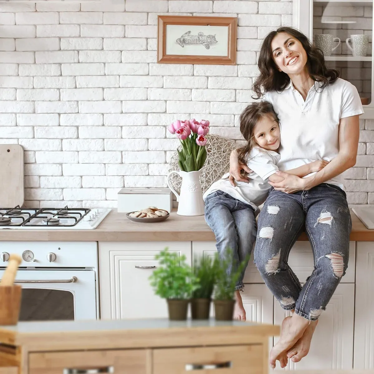Wooden Kitchen Cart Bamboo 4 Wheels Marble - Image 4