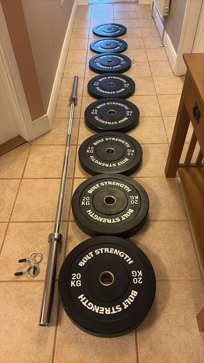 OLYMPIC BUMPER WEIGHTS SET WND 7 FOOT OLYMPIC BAR! - Image 1