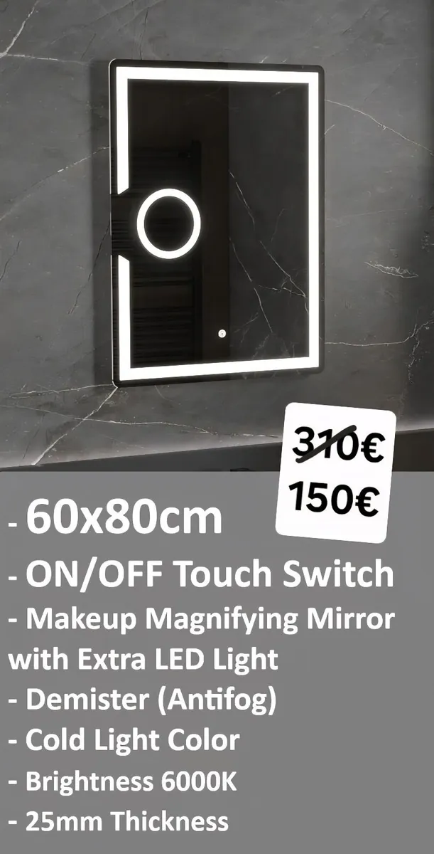 LED Bathroom Mirror 60x80cm Makeup Demister Touch - Image 2