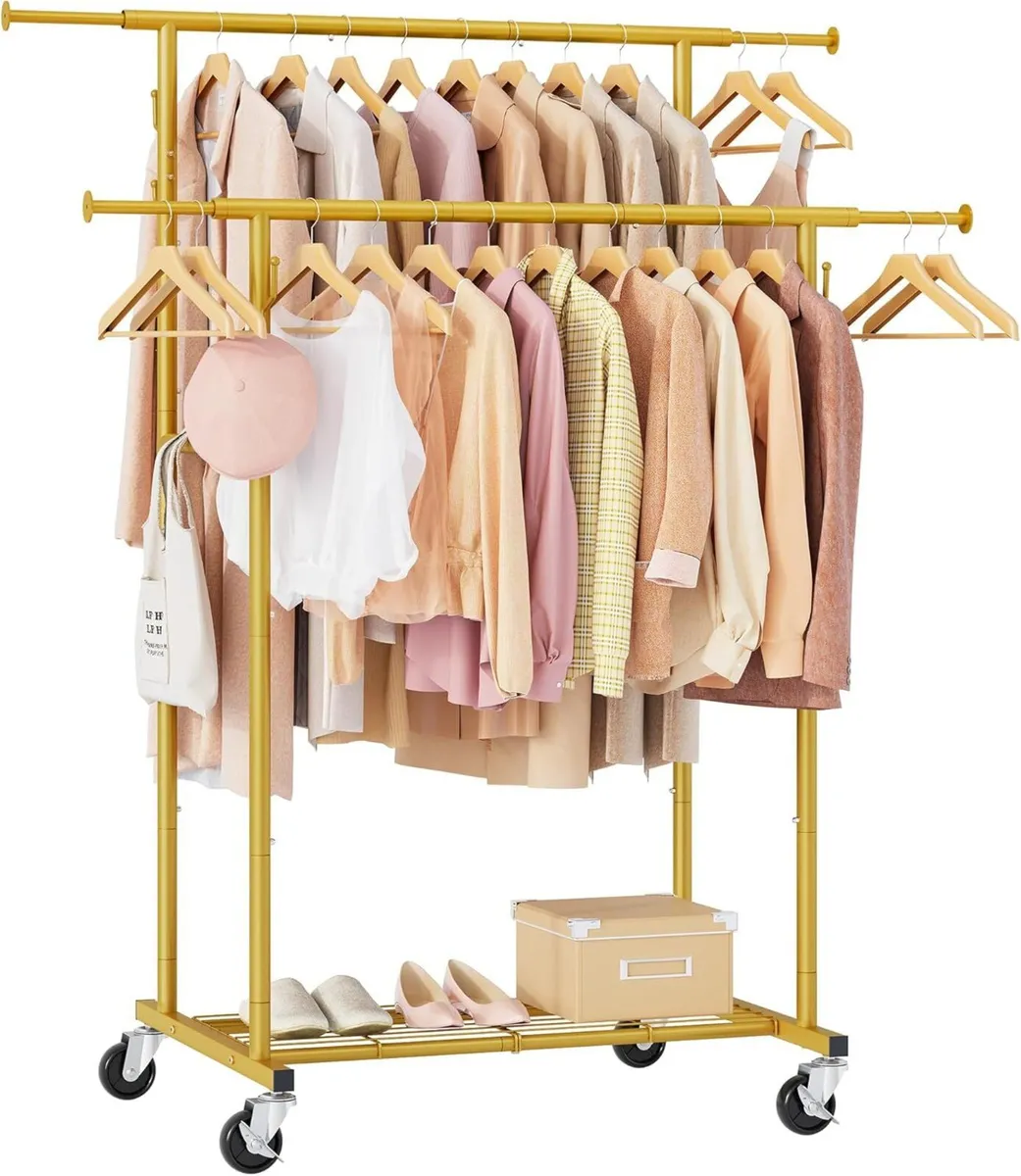 Double Rod Garment Rack Heavy Duty Rolling Gold - Image 1