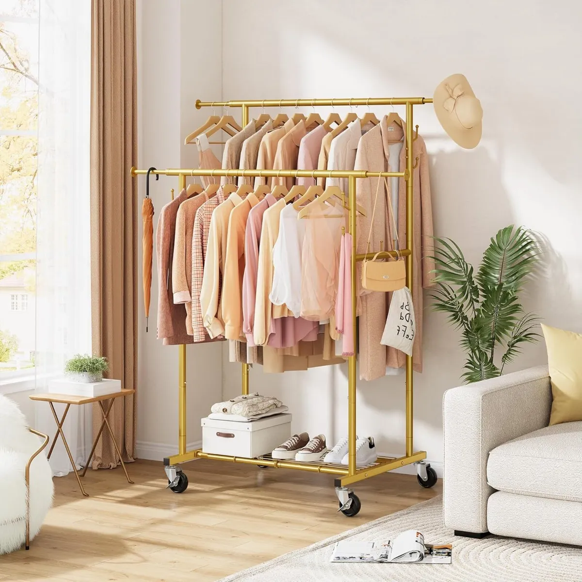Double Rod Garment Rack Heavy Duty Rolling Gold - Image 2