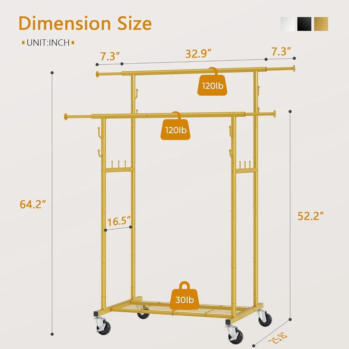 Double Rod Garment Rack Heavy Duty Rolling Gold - Image 3
