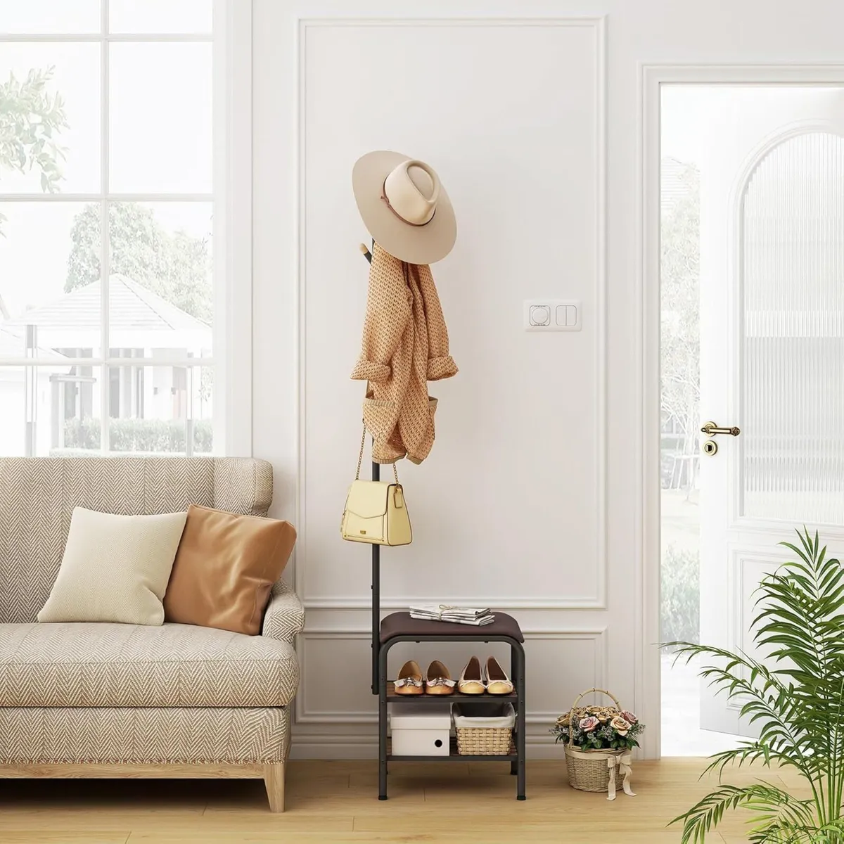 Coat Rack Stand Shoe Bench - 3 in 1 Hall Tree - Image 2