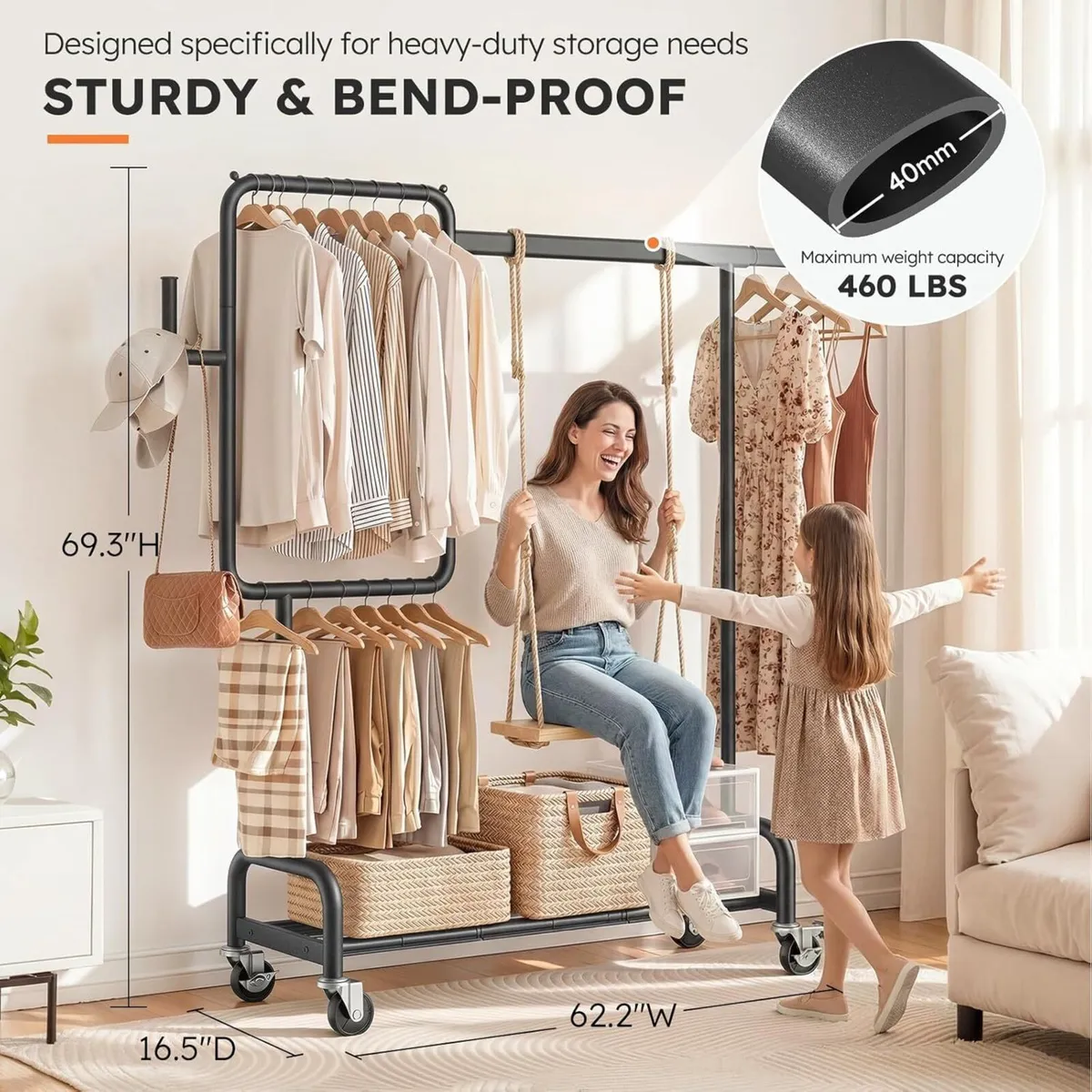 Heavy Duty Clothes Rail Load 460LBS Metal - Image 2