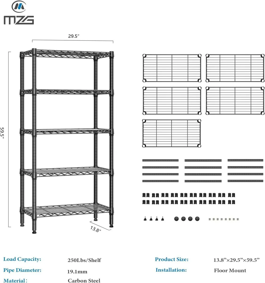 lbs 5 Tier Shelf Metal Storage Shelves Shelving - Image 3