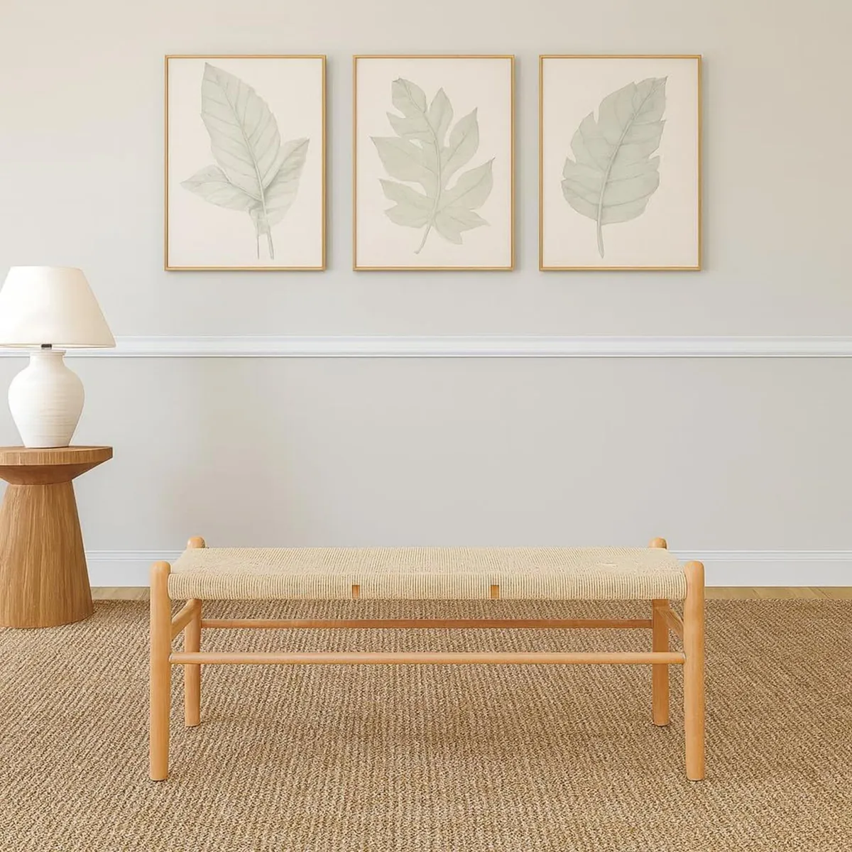 Wooden Dining Bench - Natural Beech/Woven Rope - Image 1