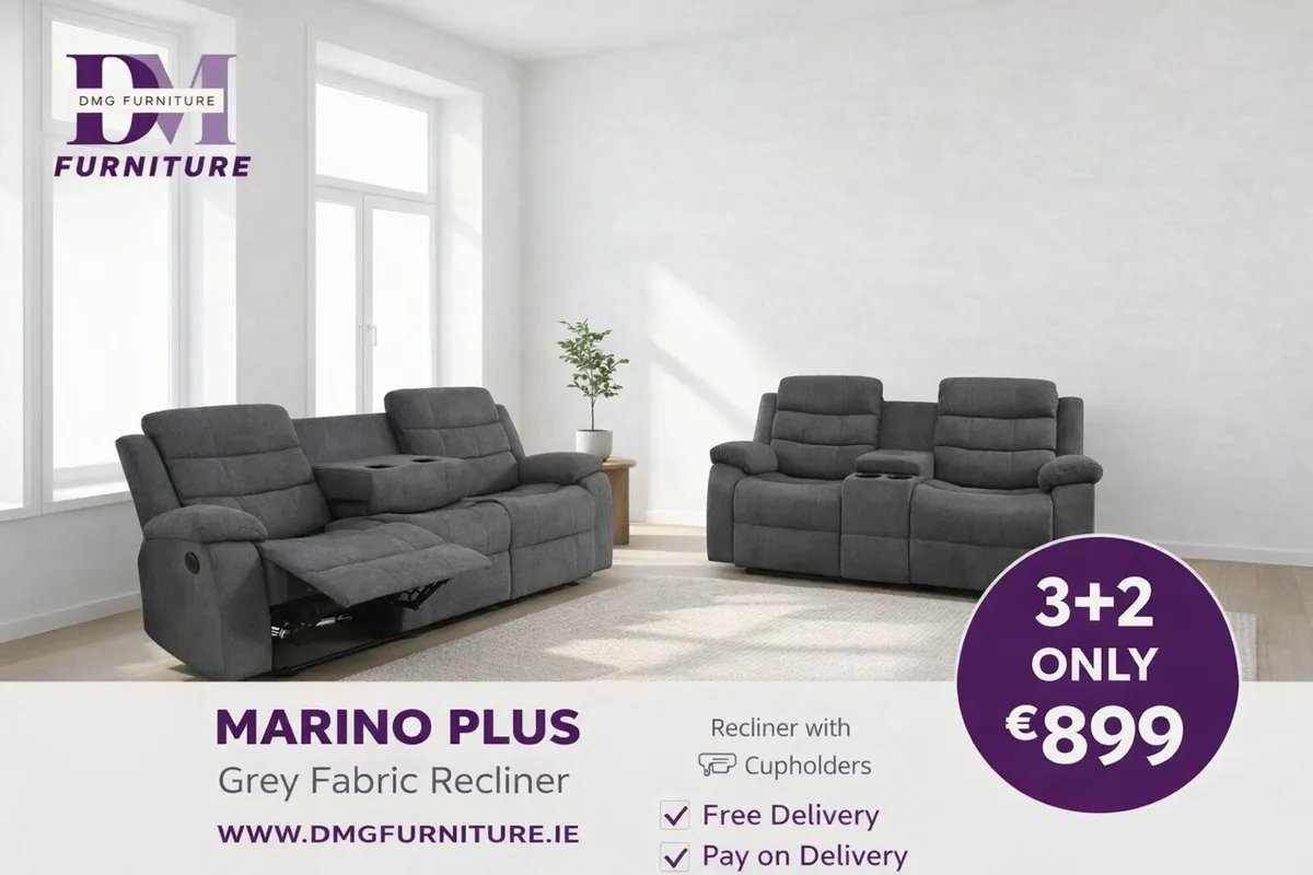 New 3+2 Grey Fabric Recliners Sofas With Cupholder - Image 3