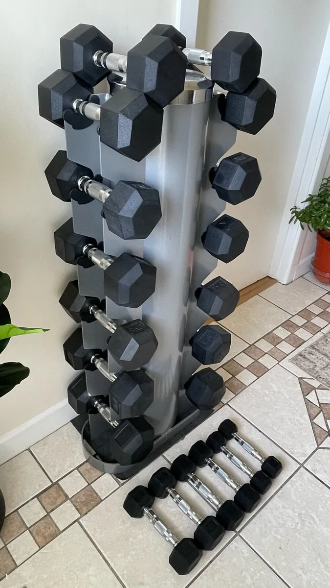 Hex Rubber Dumbells Sets with Rack - Image 3