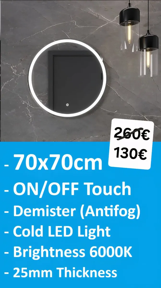 LED Bathroom Mirror 70cm Round Antifog Makeup - Image 1