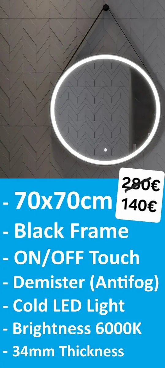 LED Bathroom Mirror Antifog Black 70cm Round - Image 3