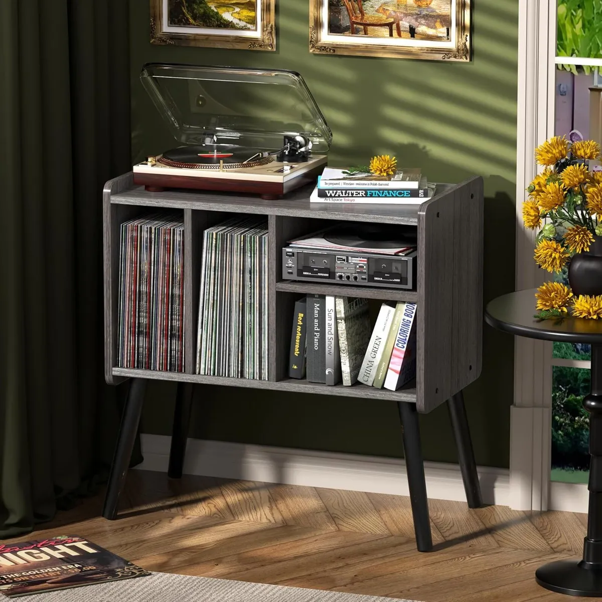 Record Player Table Mid-Century Stand with Vinyl - Image 1