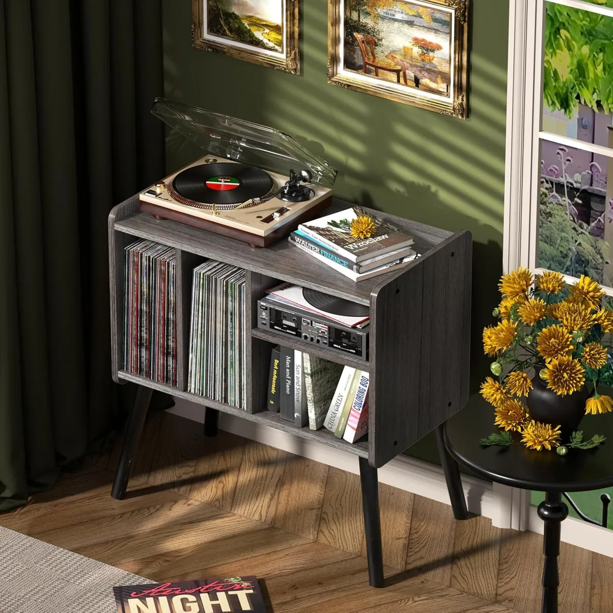 Record Player Table Mid-Century Stand with Vinyl - Image 3