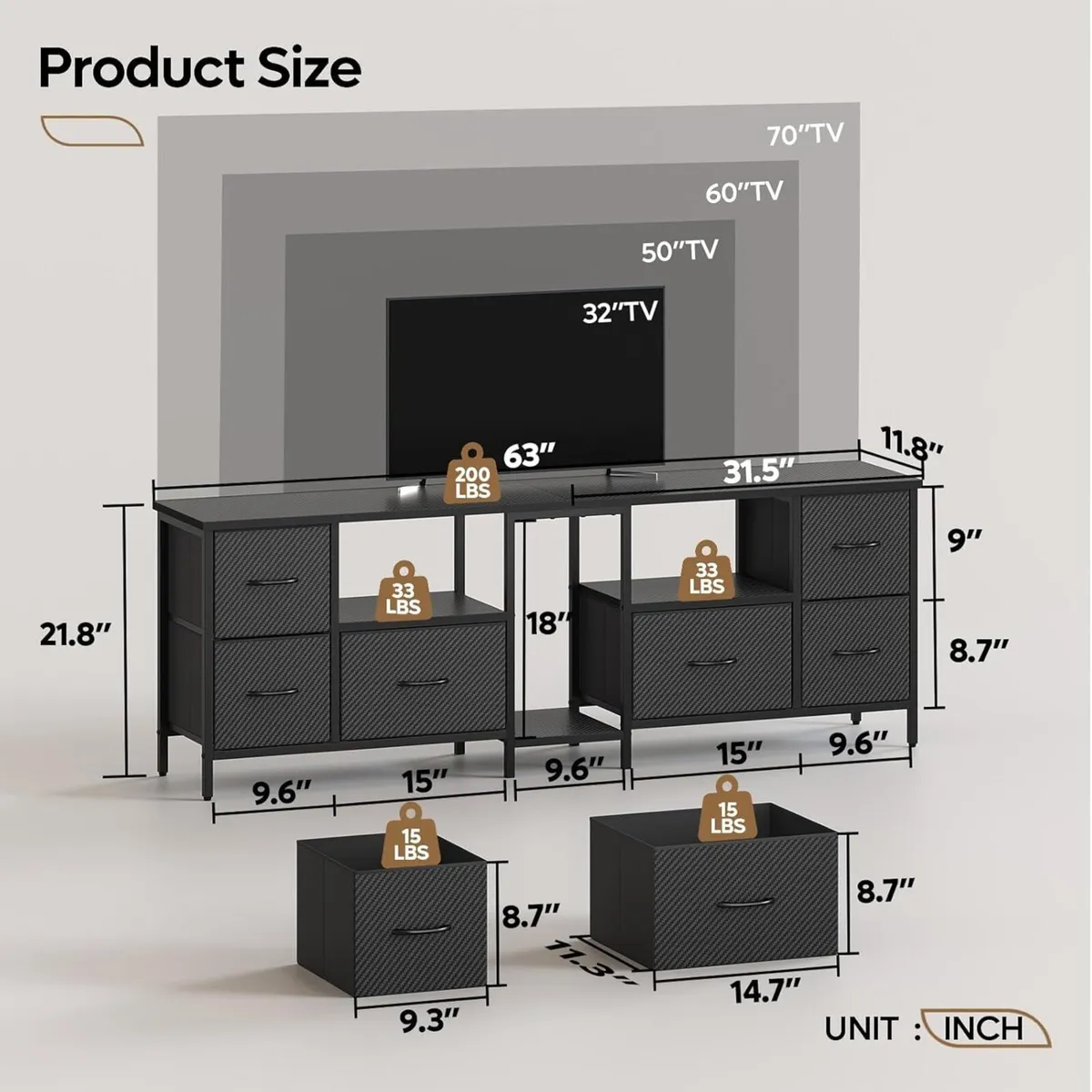 63 Inch TV Stand with Storage for 65 70 75 - Image 3