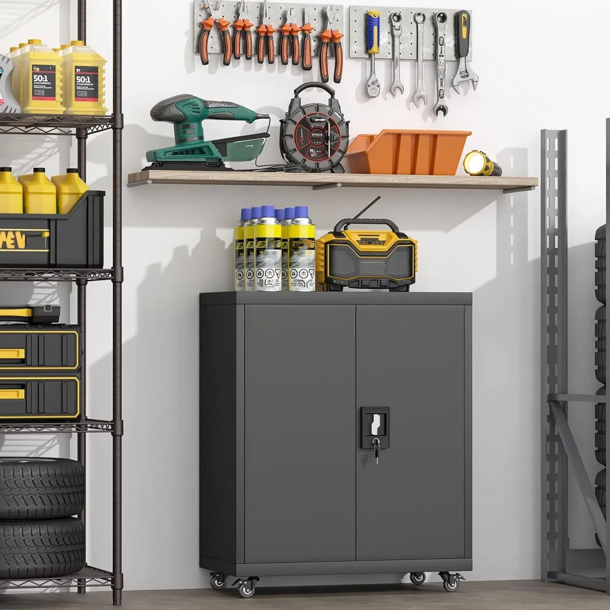 Metal Storage Cupboard with Wheels Tool Garage - Image 2