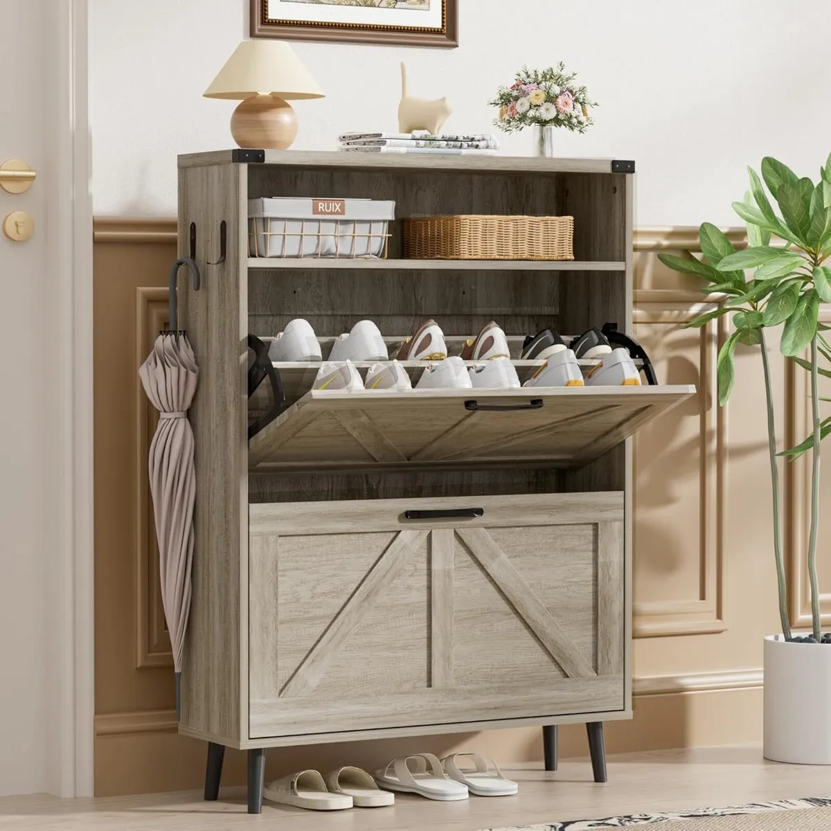 Grey Shoe Storage Cabinet with 2 Flip Drawers and - Image 1