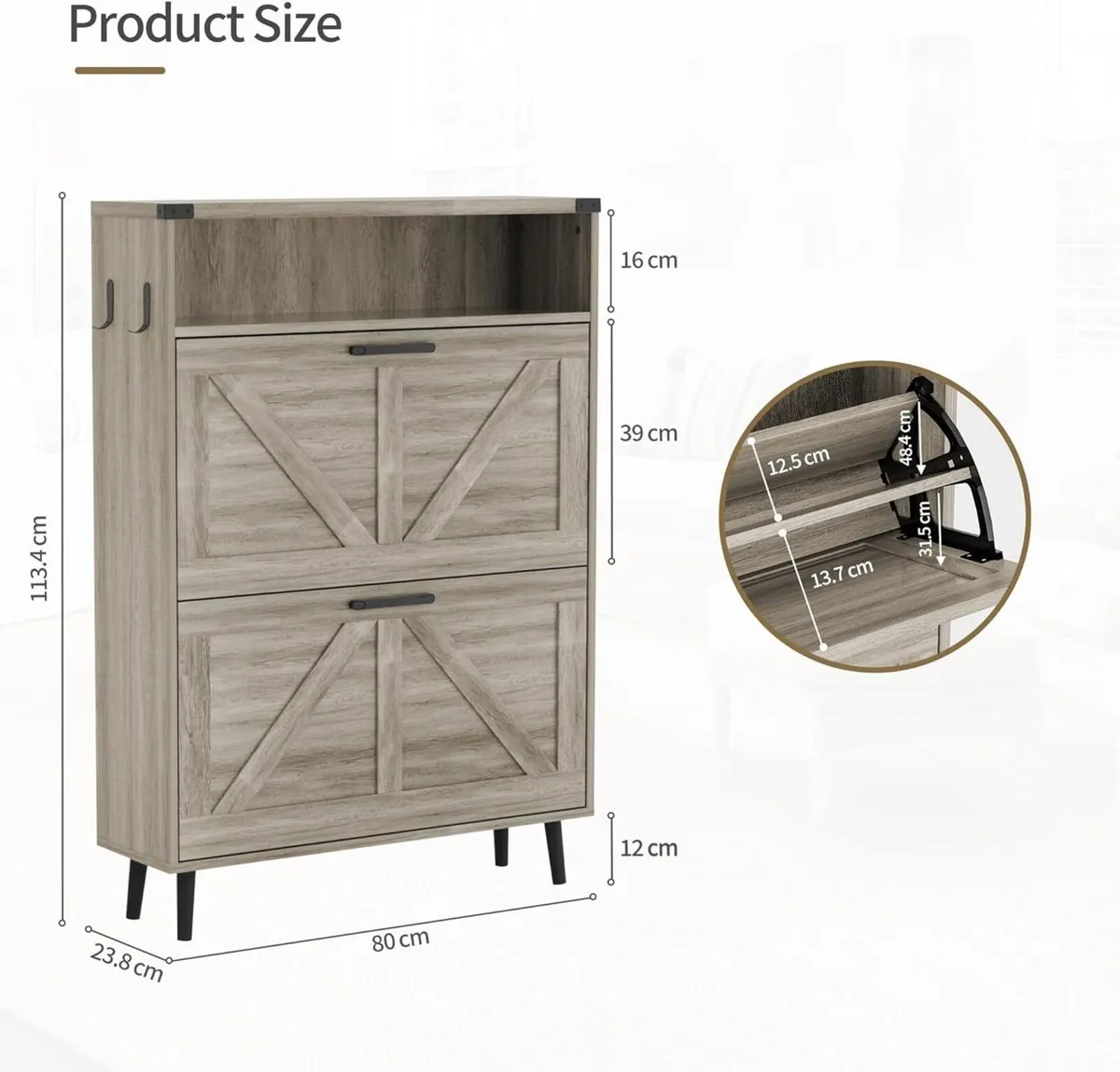 Grey Shoe Storage Cabinet with 2 Flip Drawers and - Image 2