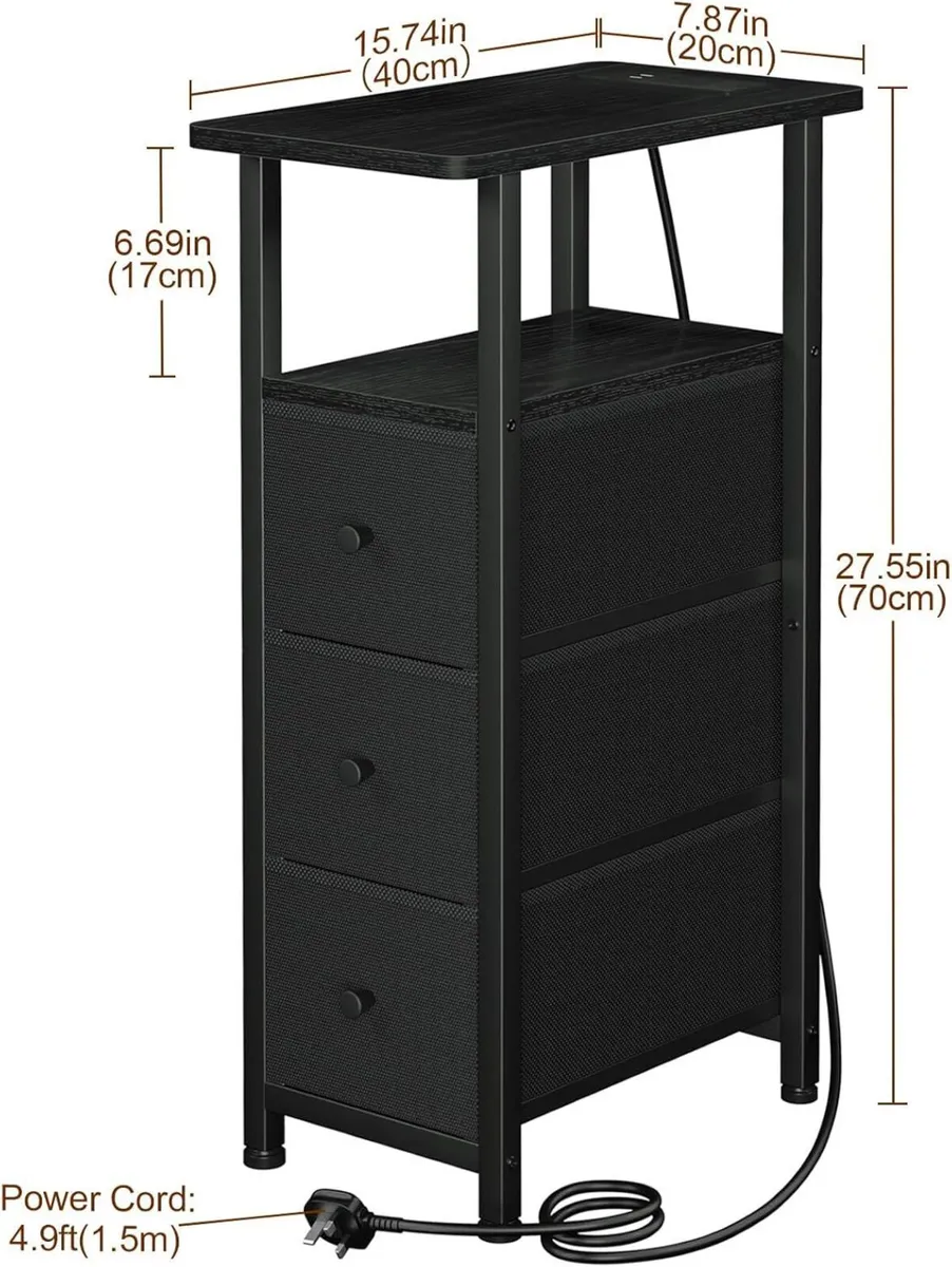 Slim Bedside Table Set of 2 with Charging Station - Image 3