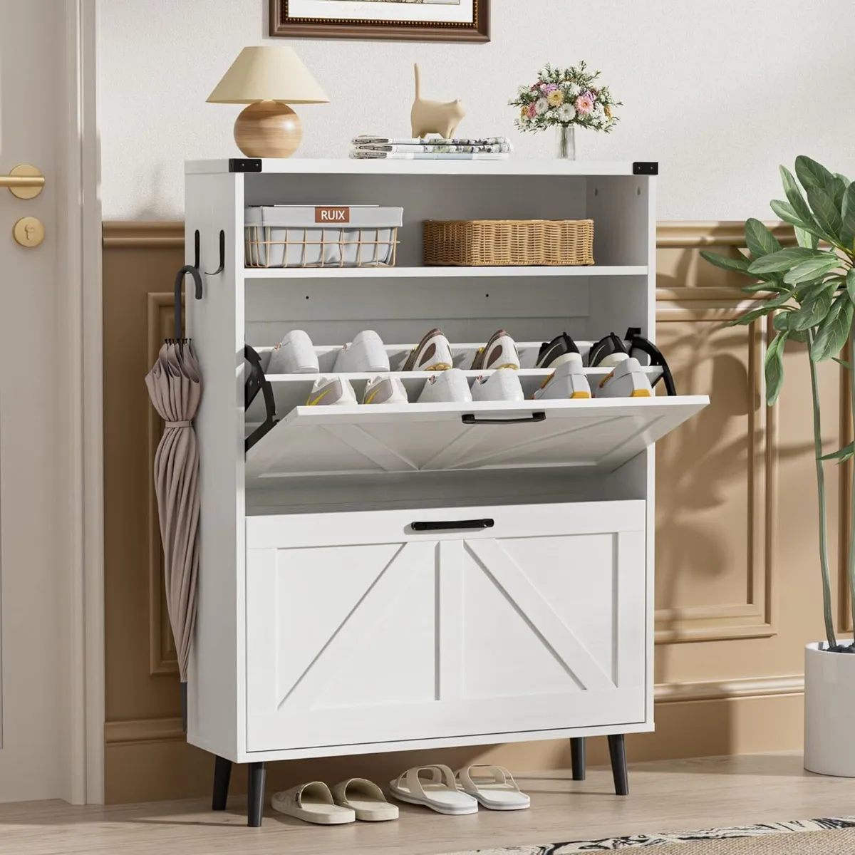 White Shoe Storage Cabinet with 2 Flip Drawers - Image 1