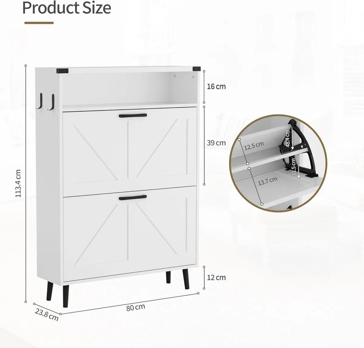 White Shoe Storage Cabinet with 2 Flip Drawers - Image 2