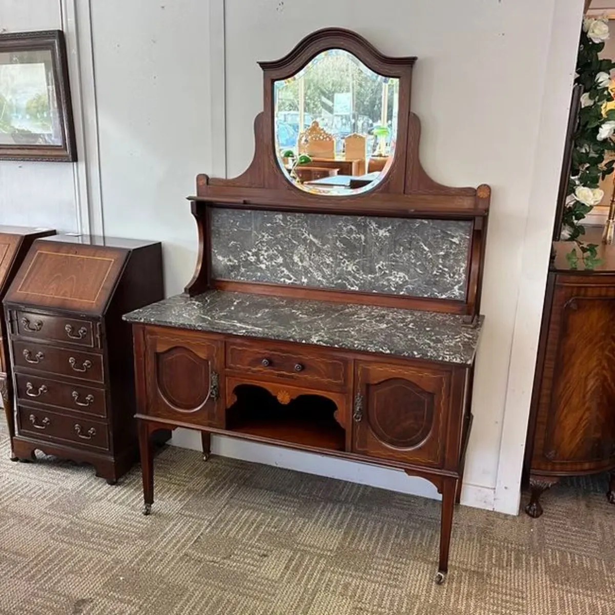 Victorian mahogany inlaid marble top & back washst