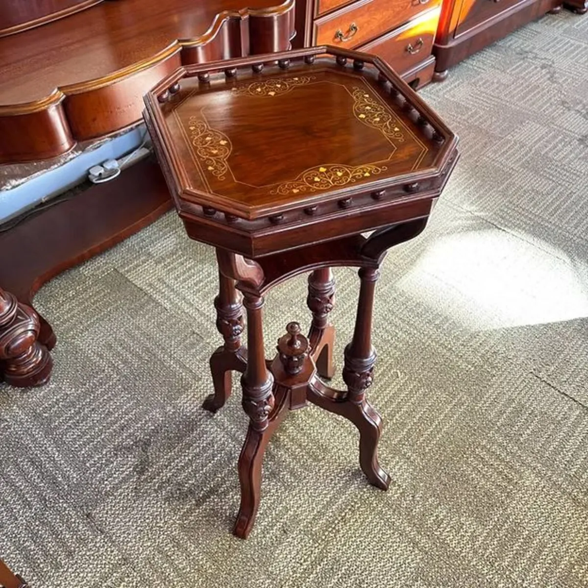 Beautiful mahogany brass inlaid tall floor side ta