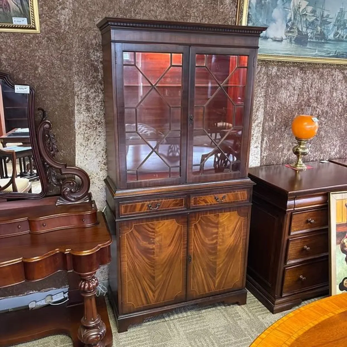 Inlaid mahogany display cabinet with light