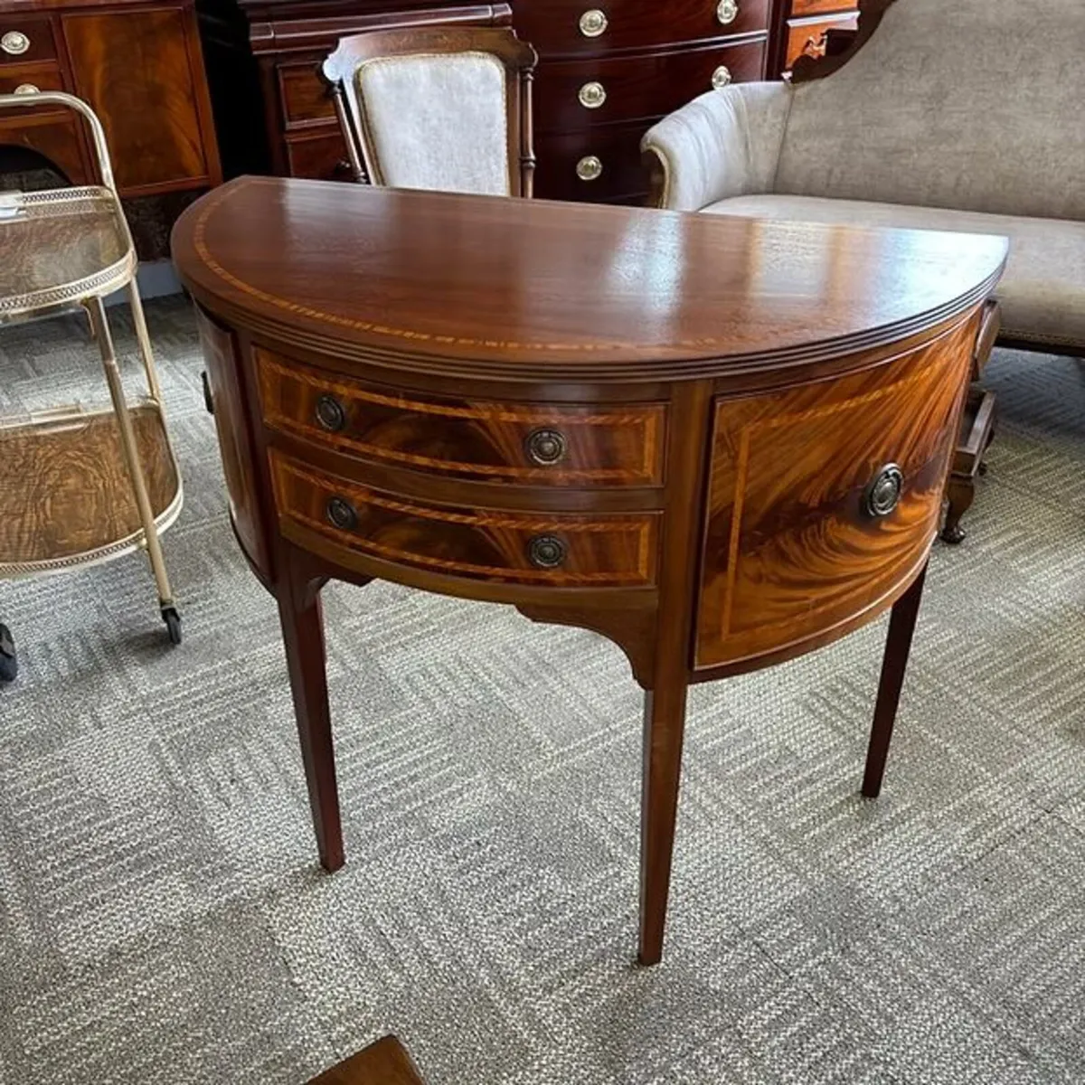 Georgian style mahogany inlaid demi-lune sideboard