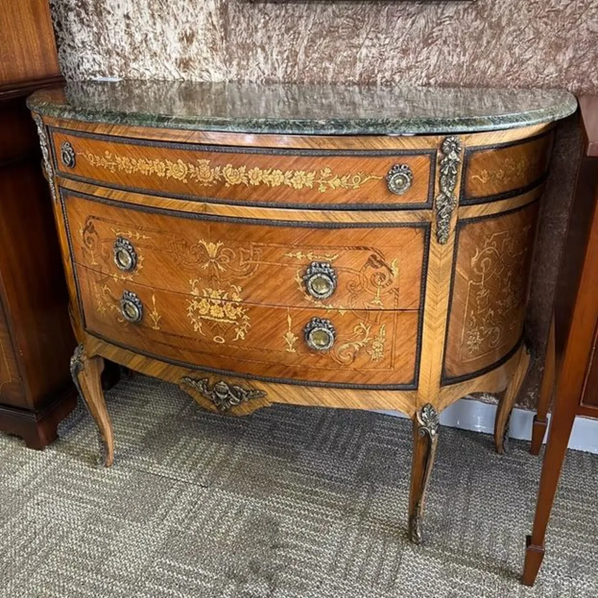 French Louis XV style demi lune marble top sideboa