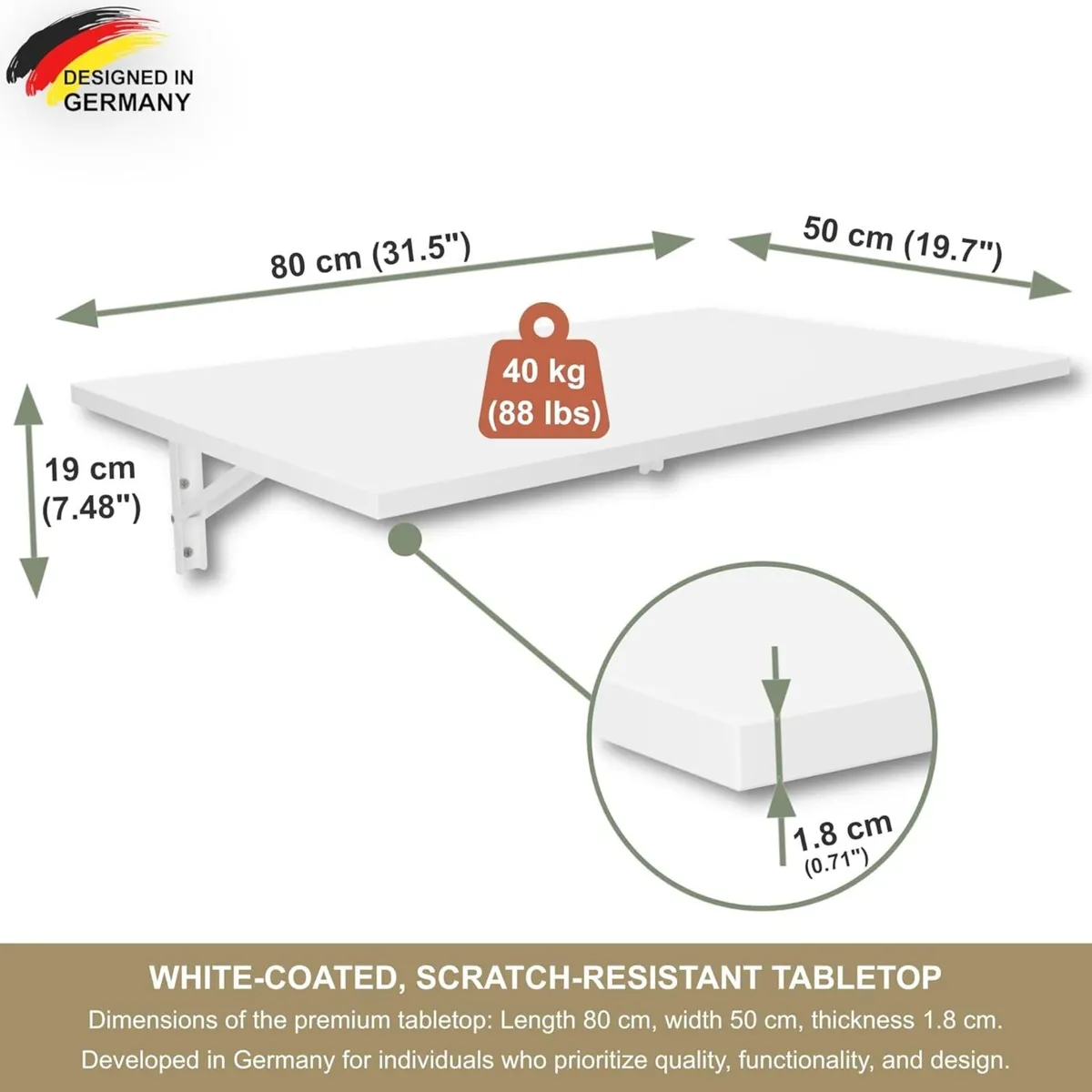 KDR Folding Wall Table 80 x 50 cm White for - Image 2